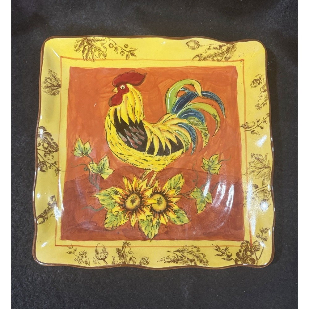 Orange Rooster Sunflower Square Dinner / Serving Plate 11"